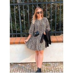 H&M Leopard Long Sleeve‎ Tunic Dress Size L swing animal print cheetah